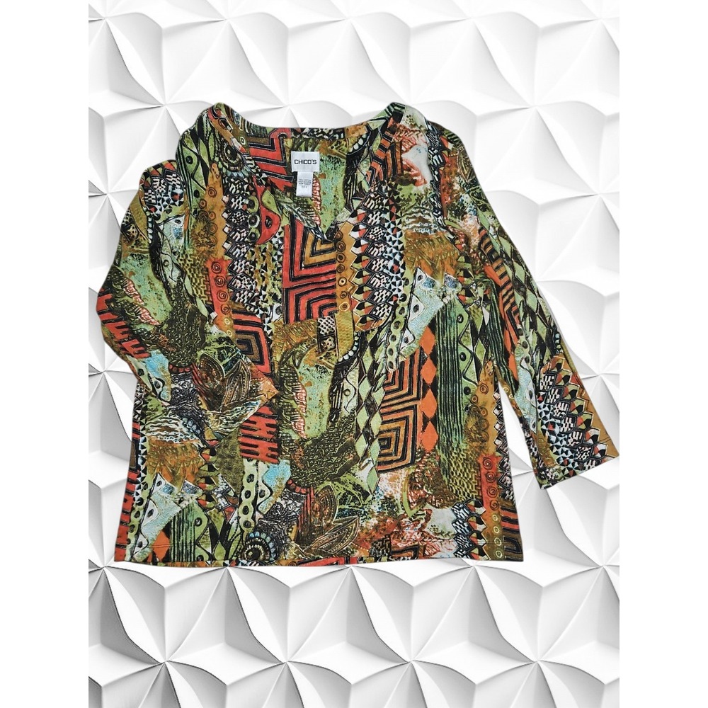 Chicos Womens Geometric Abstract Print 100%Cotton Qtr. Sleeve Top Orange Green 2
